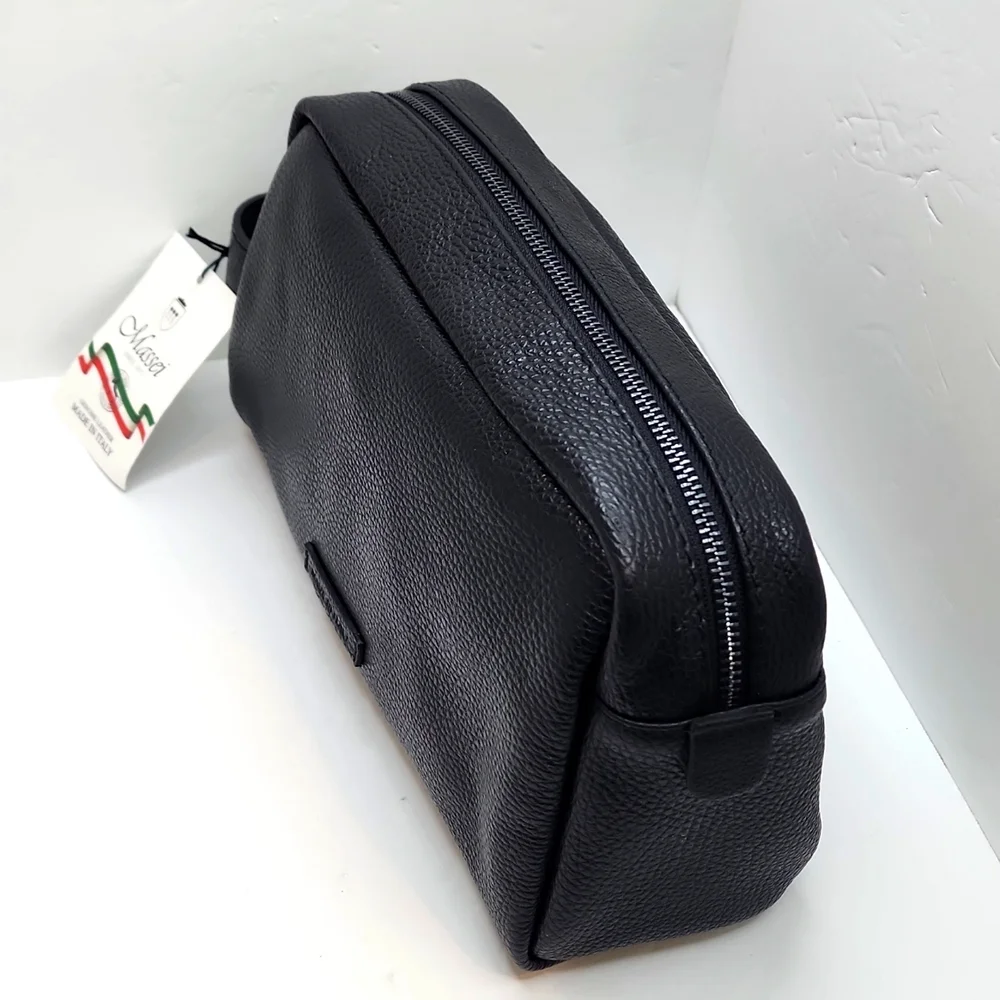 MASSEI, GENUINE LEATHER, MADE IN ITALY, MEN’S TOILETRY BAG, HAND MADE BLACK